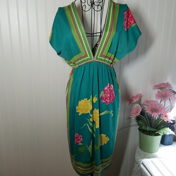 Floral Print Empire Waist Plunge Neckline Dress M - Picture 1 of 8